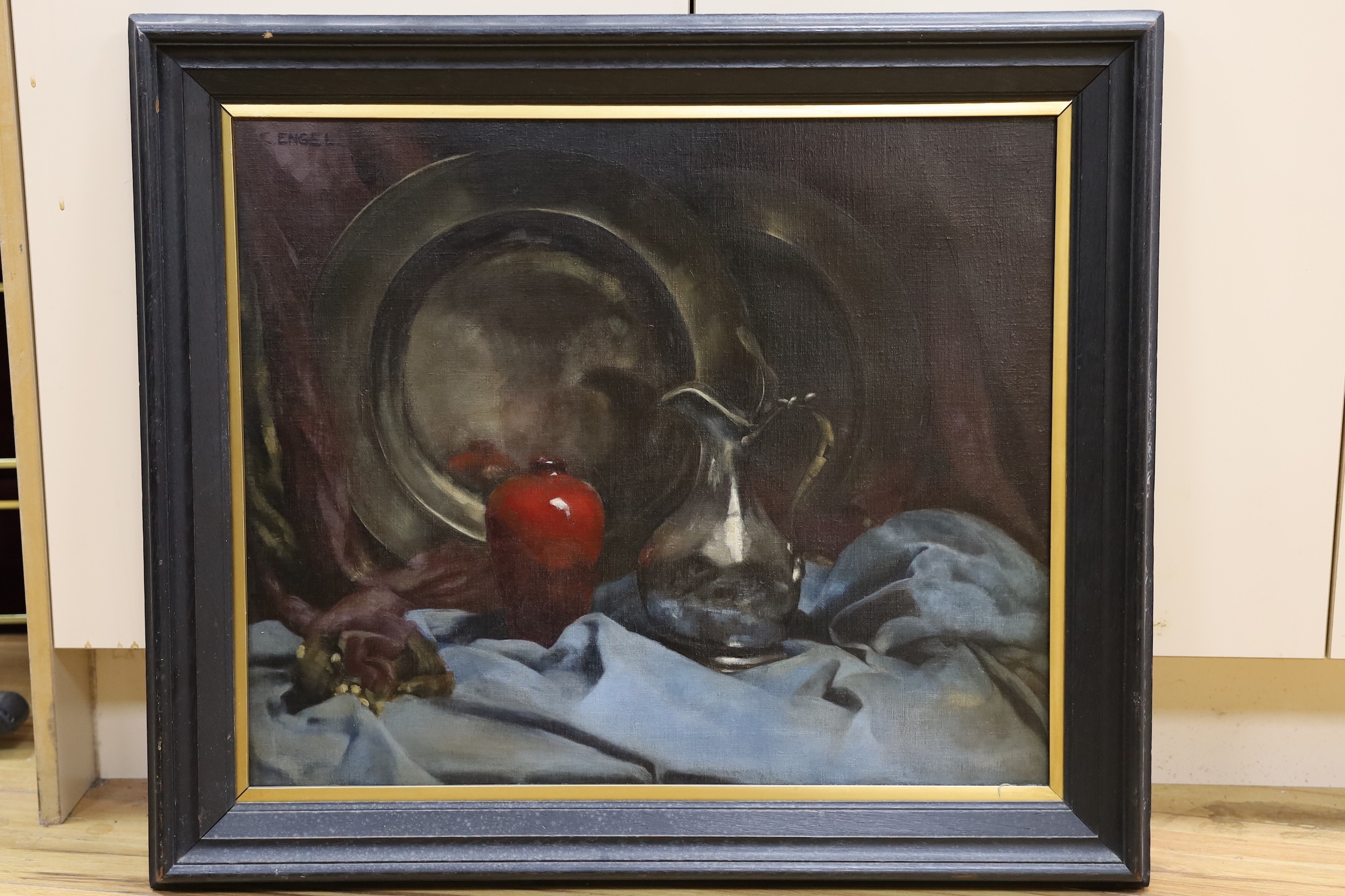 C. Engel, oil on canvas, still life of a vase and pewter ware, signed, 52 cm at 62 cm
